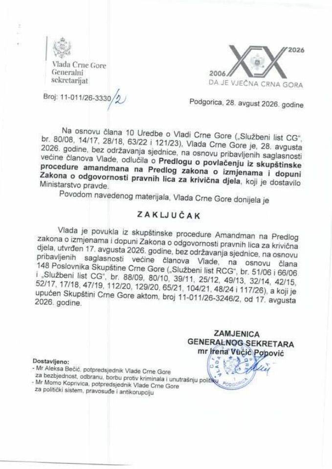 Predlog o povlačenju iz skupštinske procedure Amandmana na Predlog zakona o izmjenama i dopuni Zakona o odgovornosti pravnih lica za krivična djela - zaključci