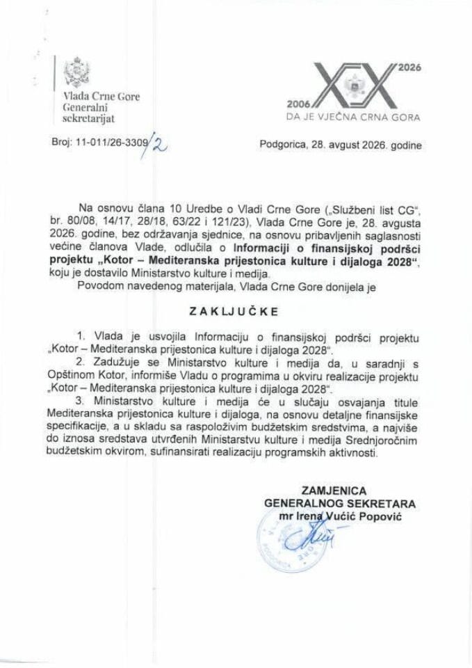 Informacija o finansijskoj podršci projektu „Kotor - Mediteranska prijestonica kulture i dijaloga 2028“ - zaključci