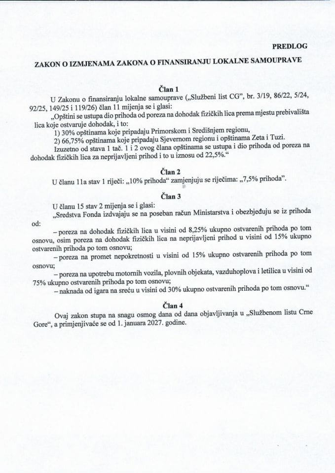 Predlog zakona o izmjenama Zakona o finansiranju lokalne samouprave