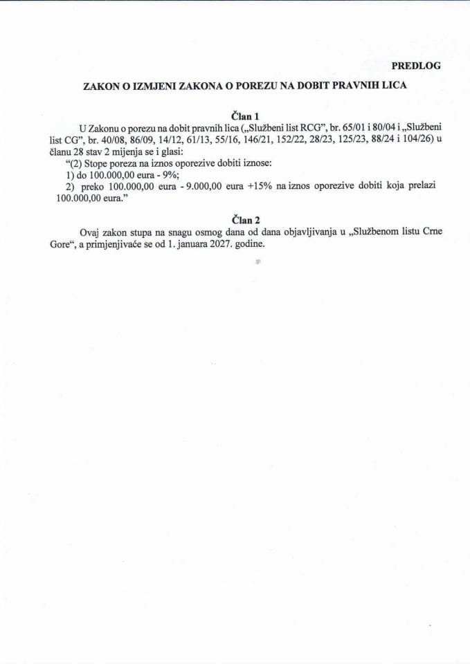 Predlog zakona o izmjeni Zakona o porezu na dobit pravnih lica