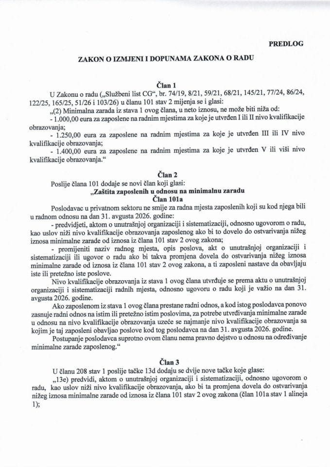 Predlog zakona o izmjeni i dopunama Zakona o radu