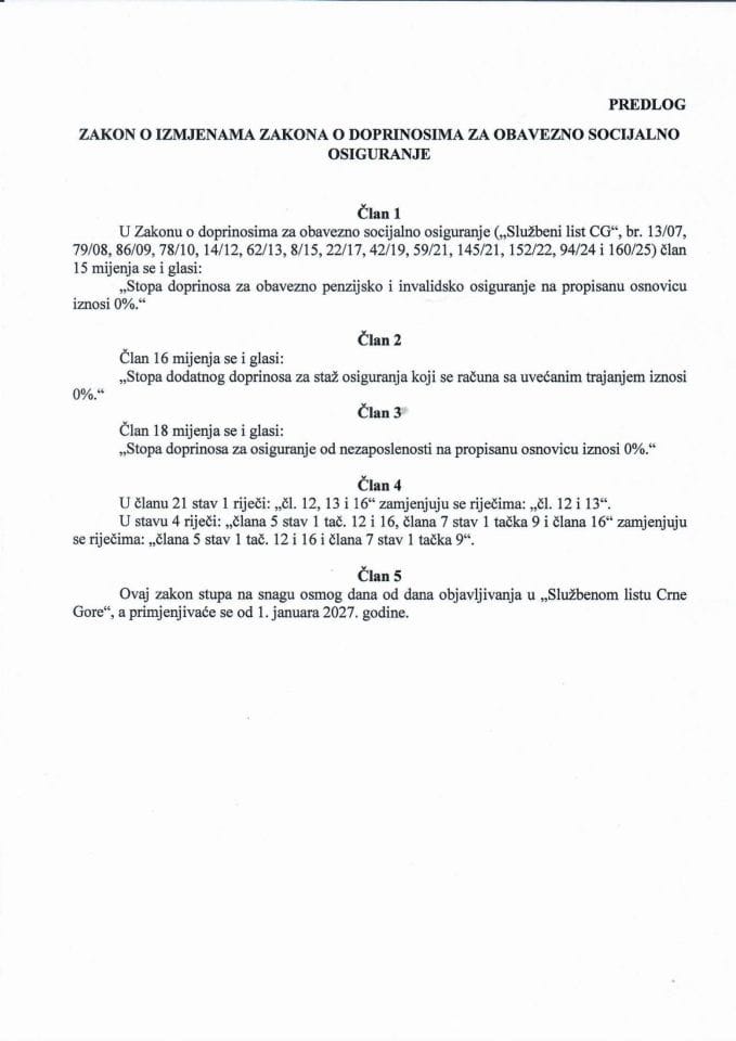 Predlog zakona o izmjenama Zakona o doprinosima za obavezno socijalno osiguranje