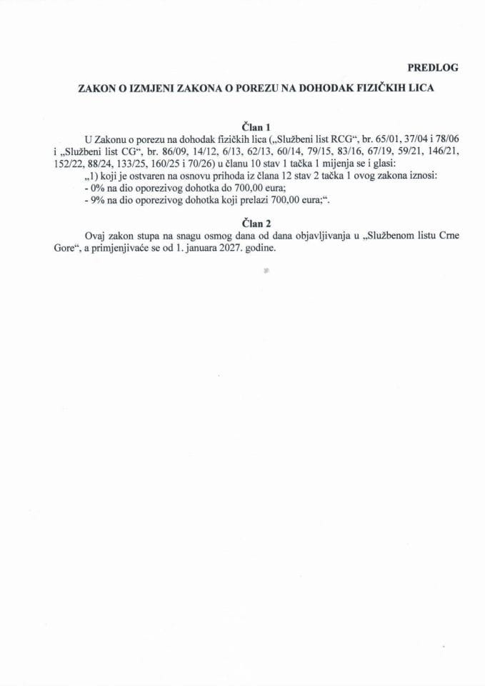 Predlog zakona o izmjeni i dopunama Zakona o porezu na dohodak fizičkih lica