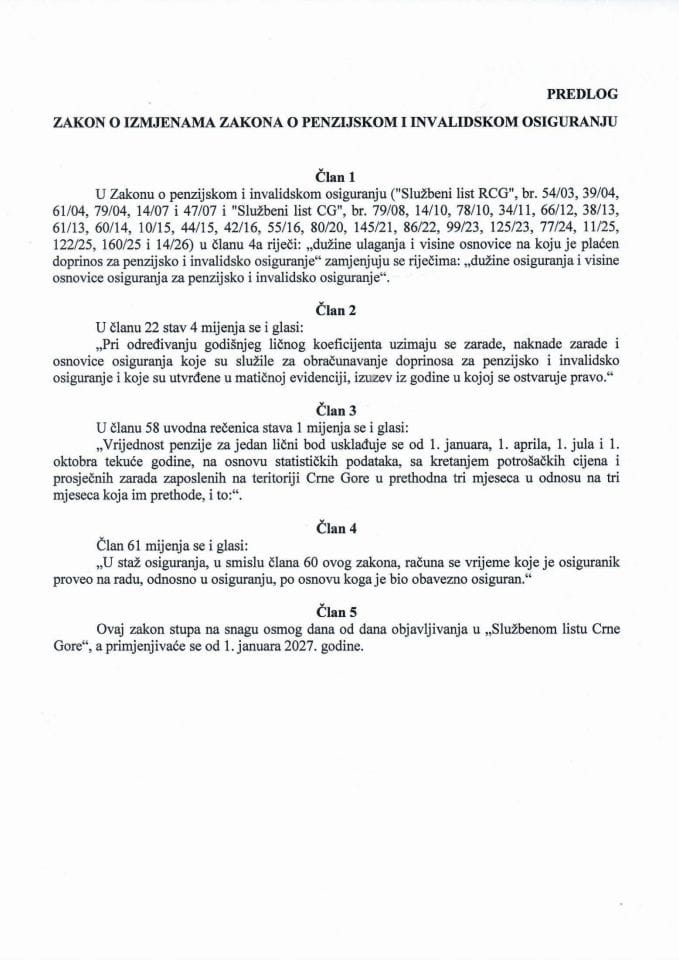 Predlog zakona o izmjenama Zakona o penzijskom i invalidskom osiguranju