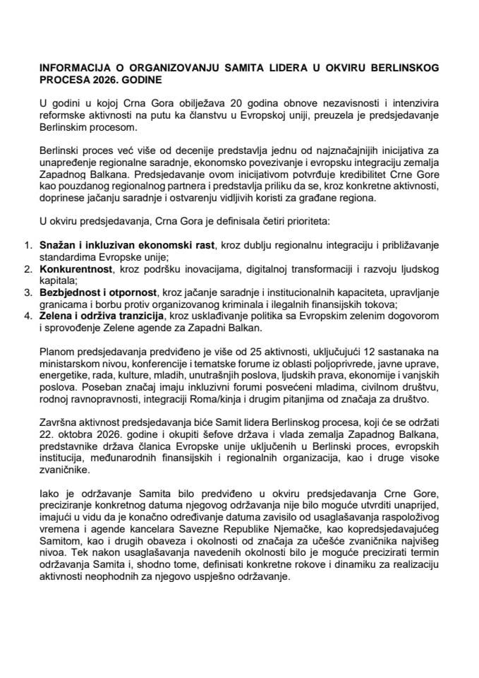 Informacija o organizovanju Samita lidera u okviru Berlinskog procesa 2026. godine