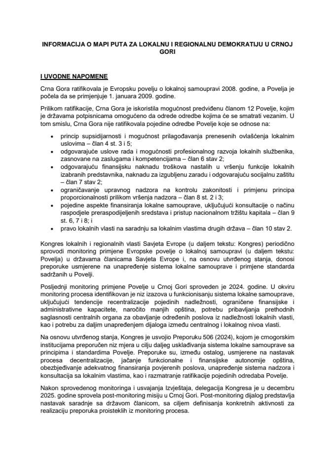 Informacija o mapi puta za lokalnu i regionalnu demokratiju u Crnoj Gori