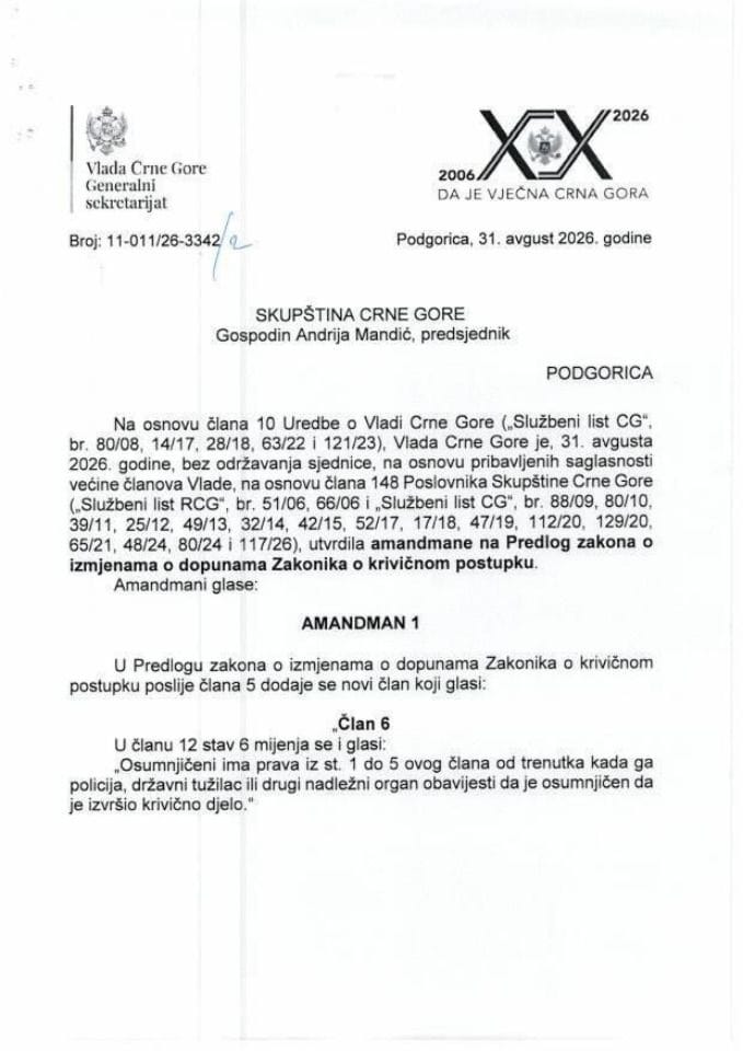 Predlog amandmana na Predlog zakona o izmjenama i dopunama Zakonika o krivičnom postupku