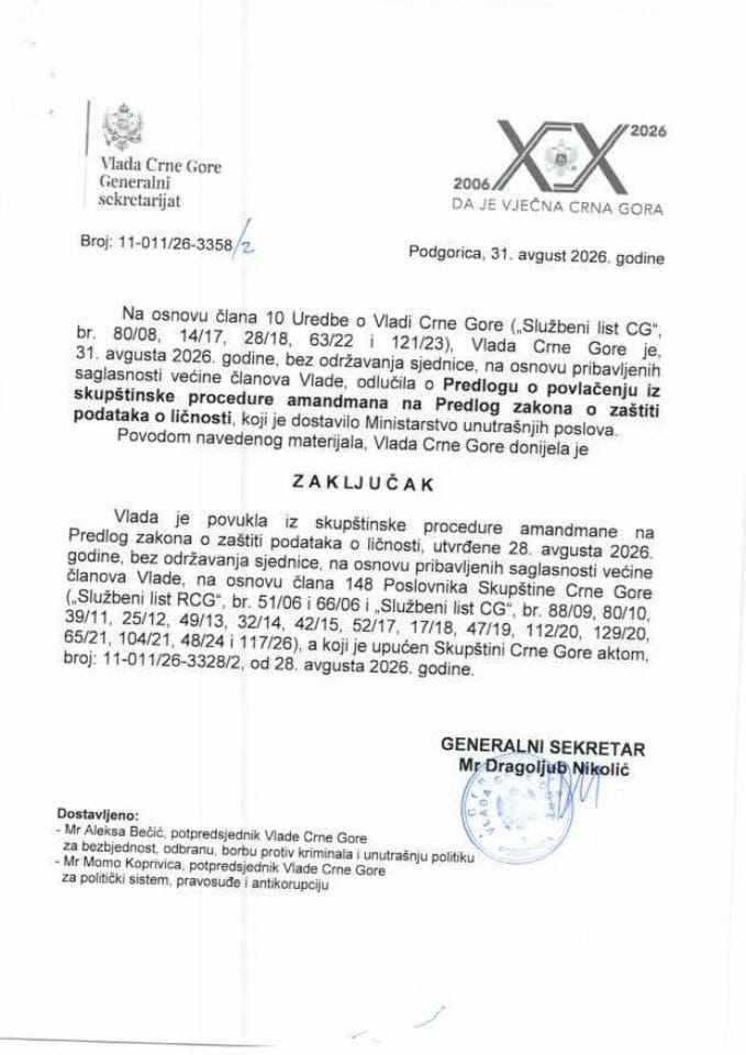 Predlog o povlačenju iz skupštinske procedure amandmana na Predlog zakona o zaštiti podataka o ličnosti - zaključci
