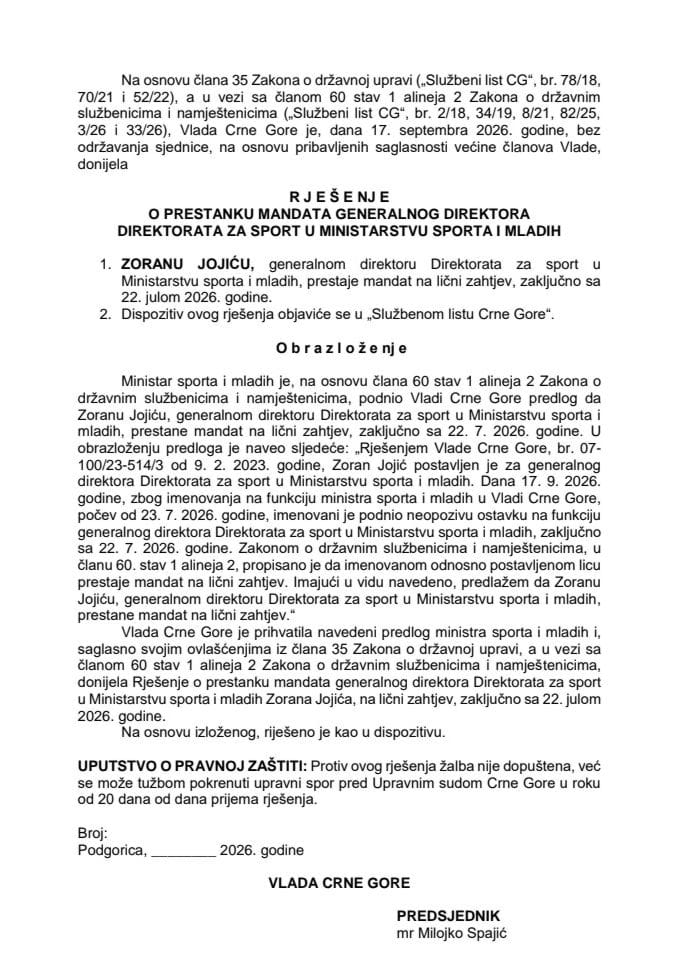 Predlog za prestanak mandata generalnog direktora Direktorata za sport u Ministarstvu sporta i mladih