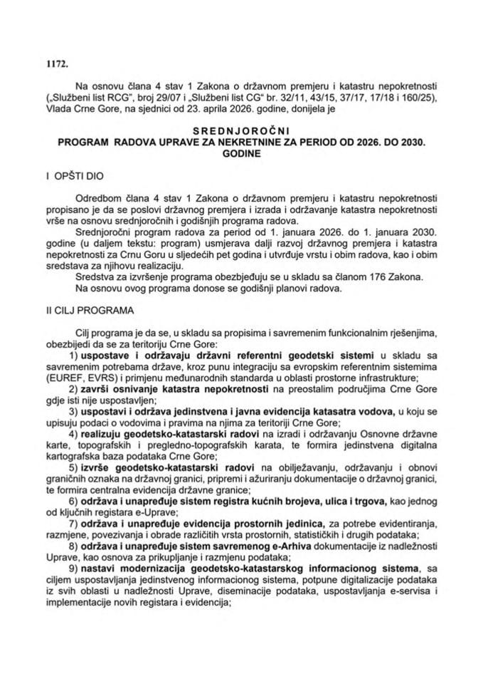 Srednjoročni program radova Uprave za nekretnine za period od 2026. do 2030. godine