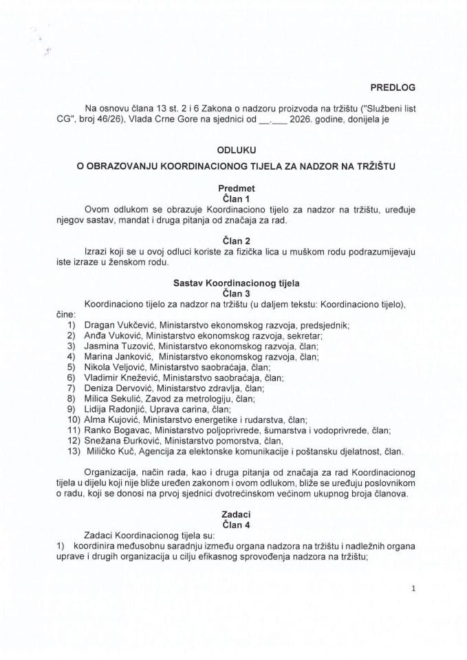 Predlog odluke o obrazovanju Koordinacionog tijela za nadzor na tržištur