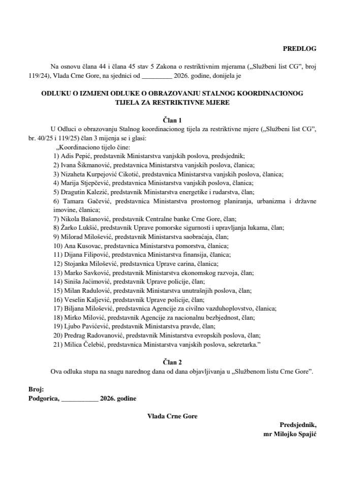 Predlog odluke o izmjeni Odluke o obrazovanju Stalnog koordinacionog tijela za restriktivne mjere