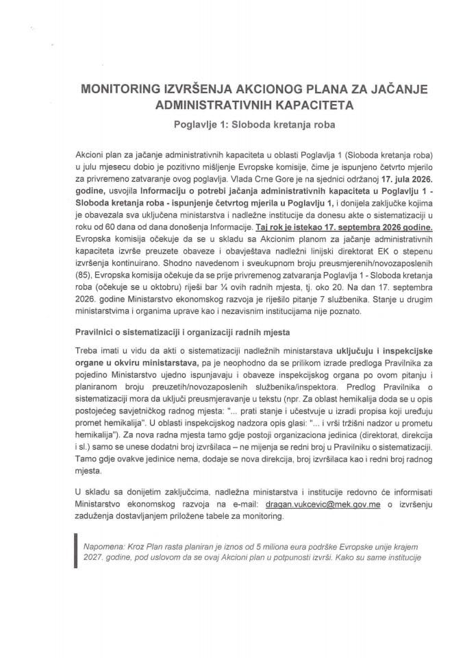 Predlog monitoringa izvršenja Akcionog plana za jačanje administrativnih kapaciteta – Poglavlje 1: Sloboda kretanja roba