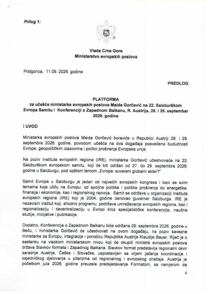 Predlog platforme za učešće ministarke evropskih poslova Maide Gorčević na 22. Salzburškom Evropa Samitu i Konferenciji o Zapadnom Balkanu, Republika Austrija, 28. i 29. septembra 2026. godine