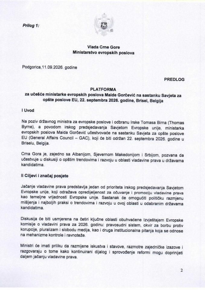 Предлог платформе за учешће министарке европских послова Маиде Горчевић на састанку Савјета за опште послове ЕУ, 22. септембра 2026. године, Брисел, Белгија