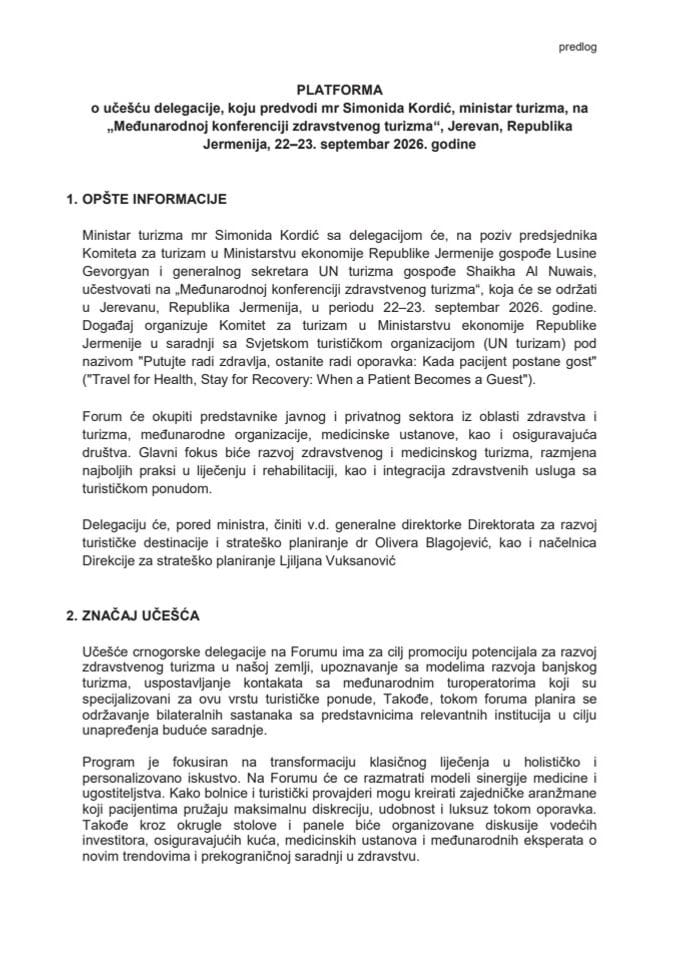 Predlog platforme o učešću delegacije, koju predvodi mr Simonida Kordić, ministar turizma, na „Međunarodnoj konferenciji zdravstvenog turizma“, Jerevan, Republika Jermenija, 22 - 23. septembar 2026. godine