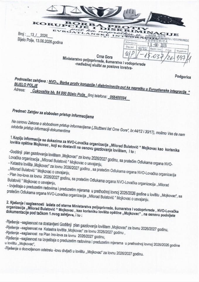 Zahtjev za SPI NVO Borba protiv korupcije i diskriminacije - put ka napretku u Evroatlantske integracije UP-I-15-037-26-397-1