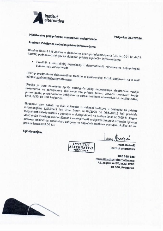 Zahtjev za SPI Institut Alternativa 31.07.2026. godine