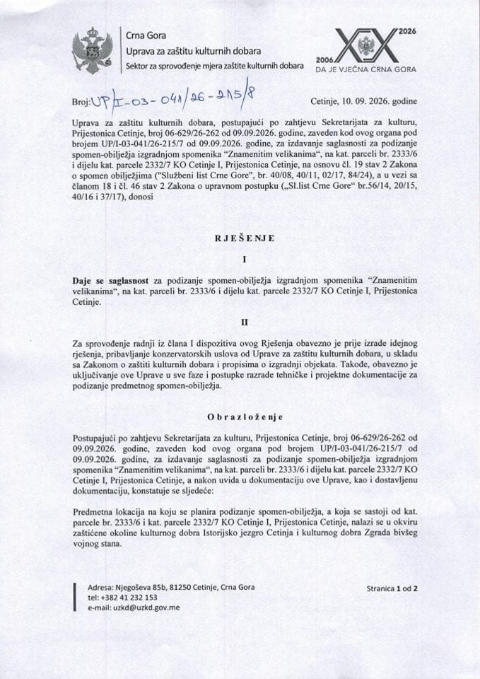 Rješenje o saglasnosti za podizanje spomen-obilježja UP-I-03-041-26-215-8 od 10.09.2026.