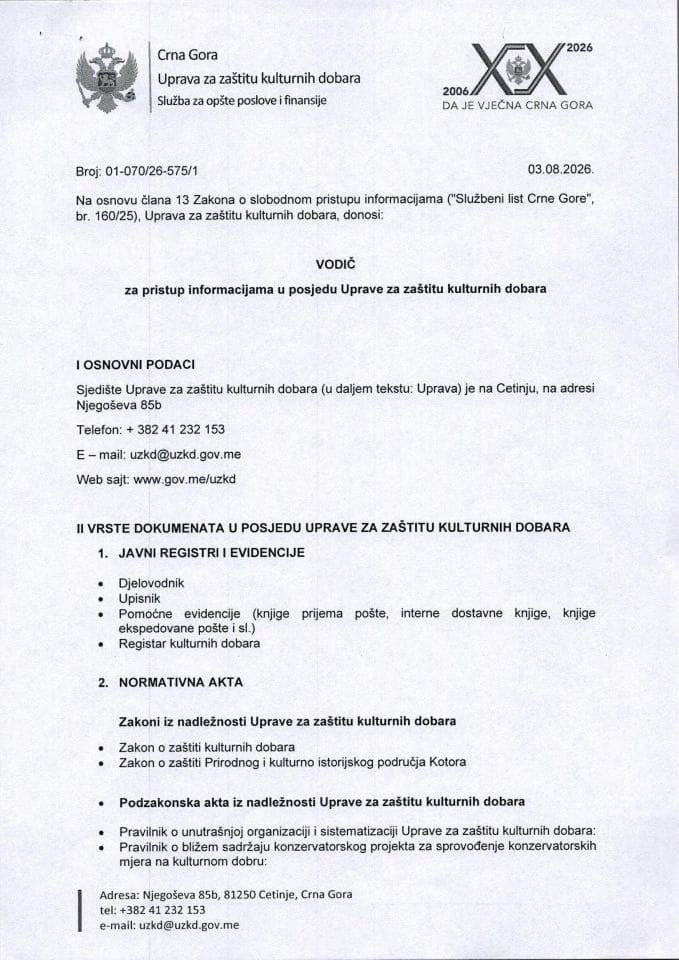 Vodič za pristup informacijama u posjedu Uprave za zaštitu kulturnih dobara