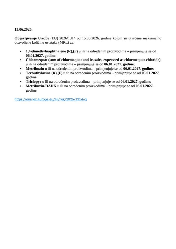 Promjene statusa maksimalnih nivoa rezidua - 15.06.2026.