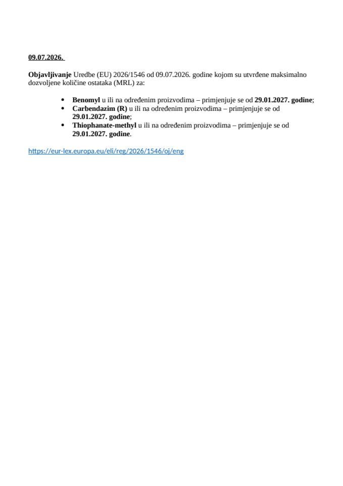 Promjene statusa maksimalnih nivoa rezidua - 09.07.2026.