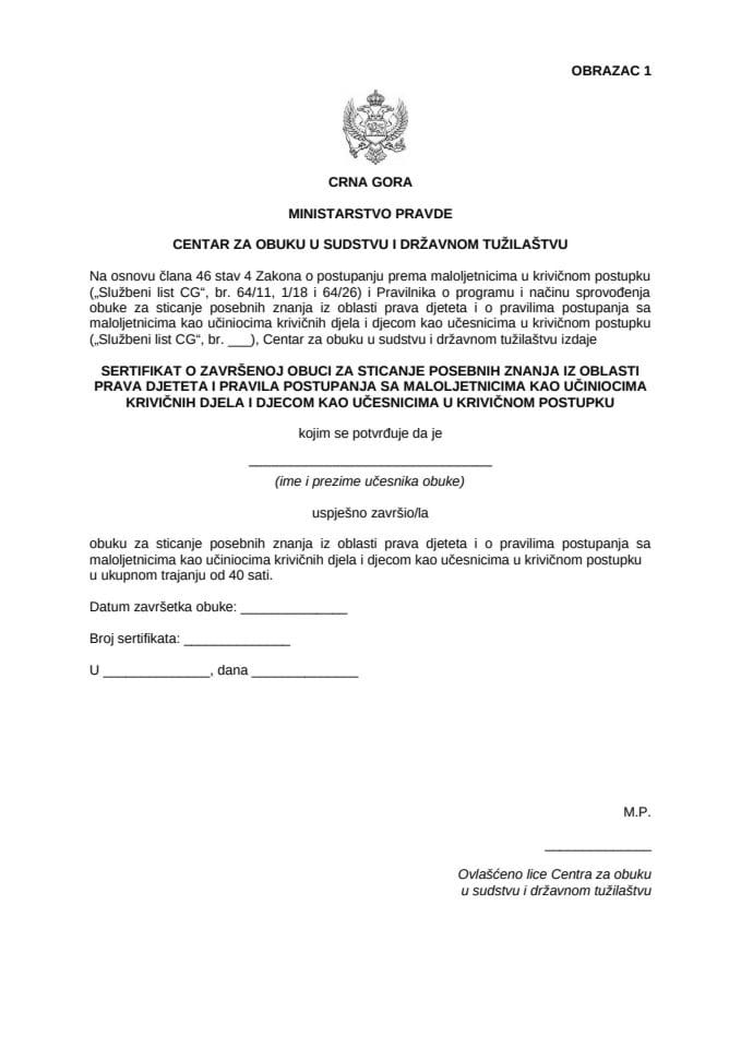 Sertifikat o uspješno završenoj obuci