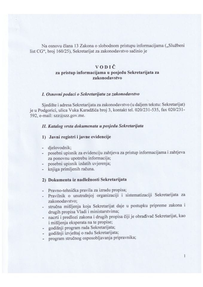Vodic za pristup informacijama u posjedu Sekretarijata za zakonodavstvo 22.9.2026.