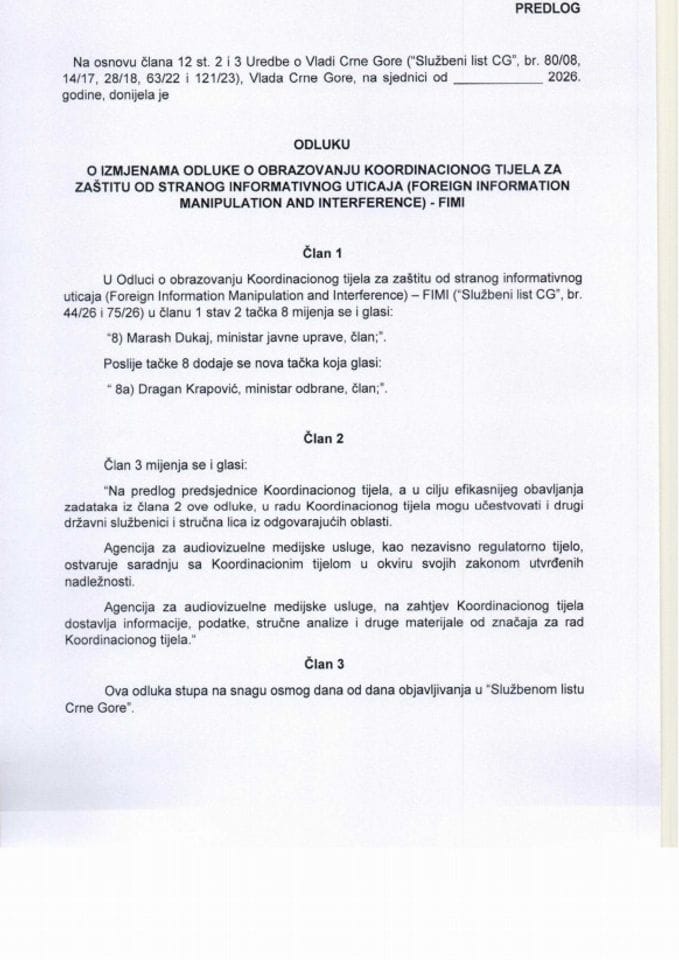 Predlog odluke o izmjenama Odluke o obrazovanju Koordinacionog tijela za zaštitu od stranog informativnog uticaja (Foreign Information Manipulation and Interference) – FIMI