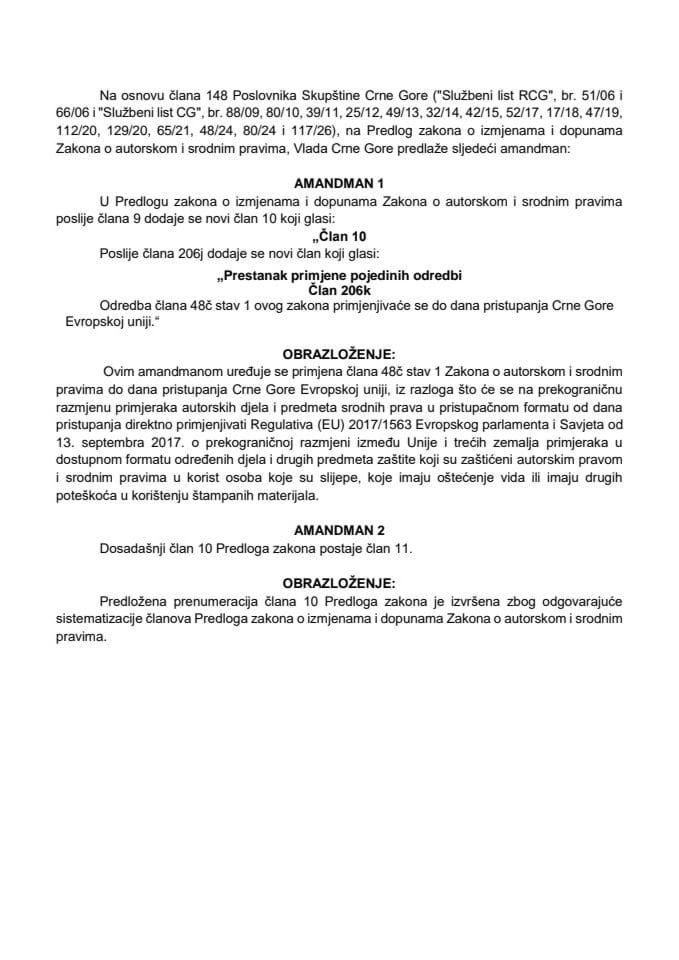 Predlog amandmana na Predlog zakona o izmjenama i dopunama Zakona o autorskom i srodnim pravima