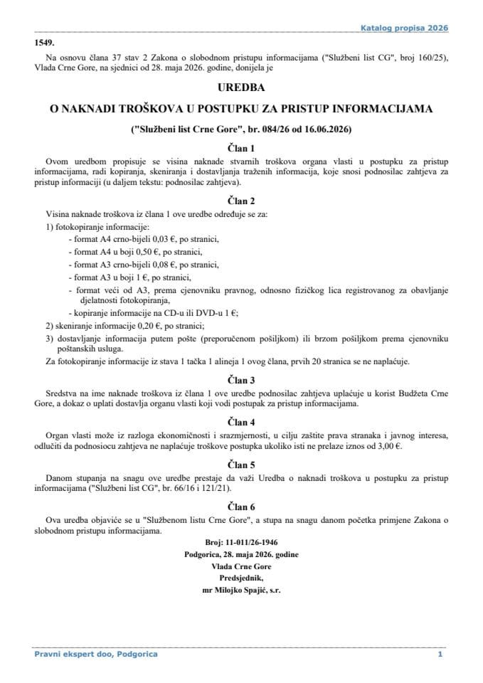 Uredba o naknadi troskova u postupku za pristup informacijama