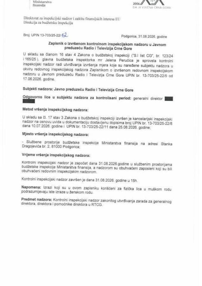 Zapisnik o izvršenom kontrolnom inspekcijskom nadzoru u JP Radio i Televizija Crne Gore