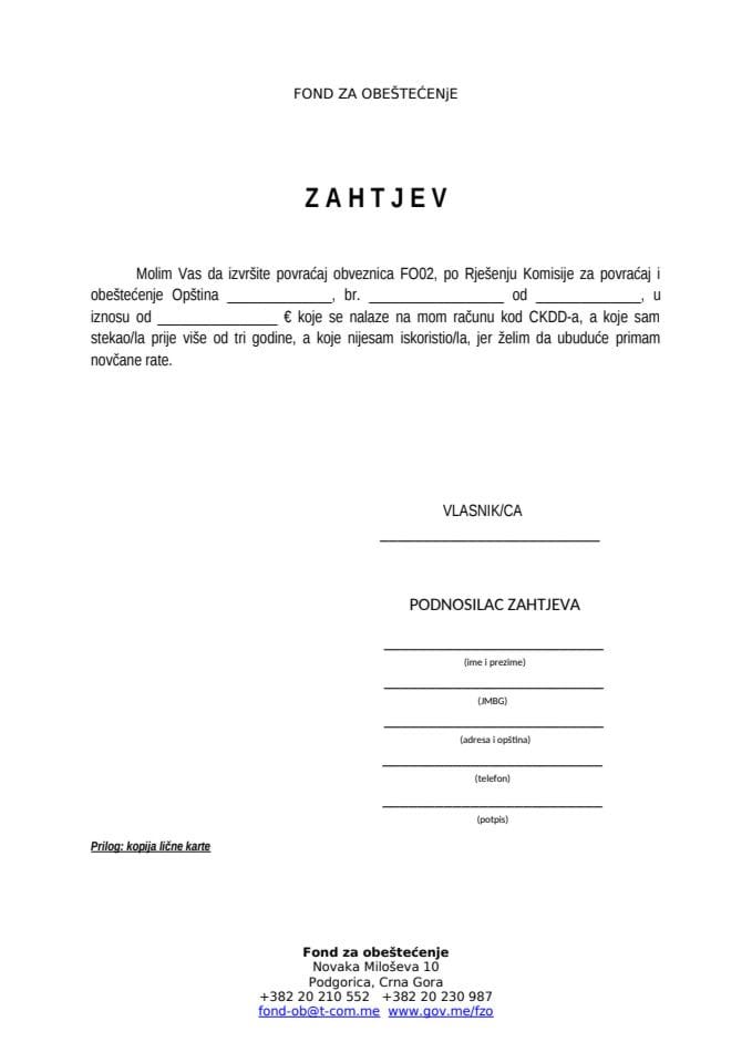 Zahtjev za povraćaj neiskorišćenih obveznica FO02