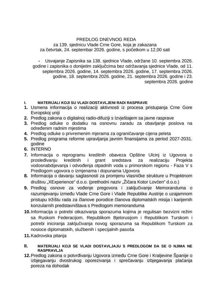 Predlog dnevnog reda za 139. sjednicu Vlade Crne Gore