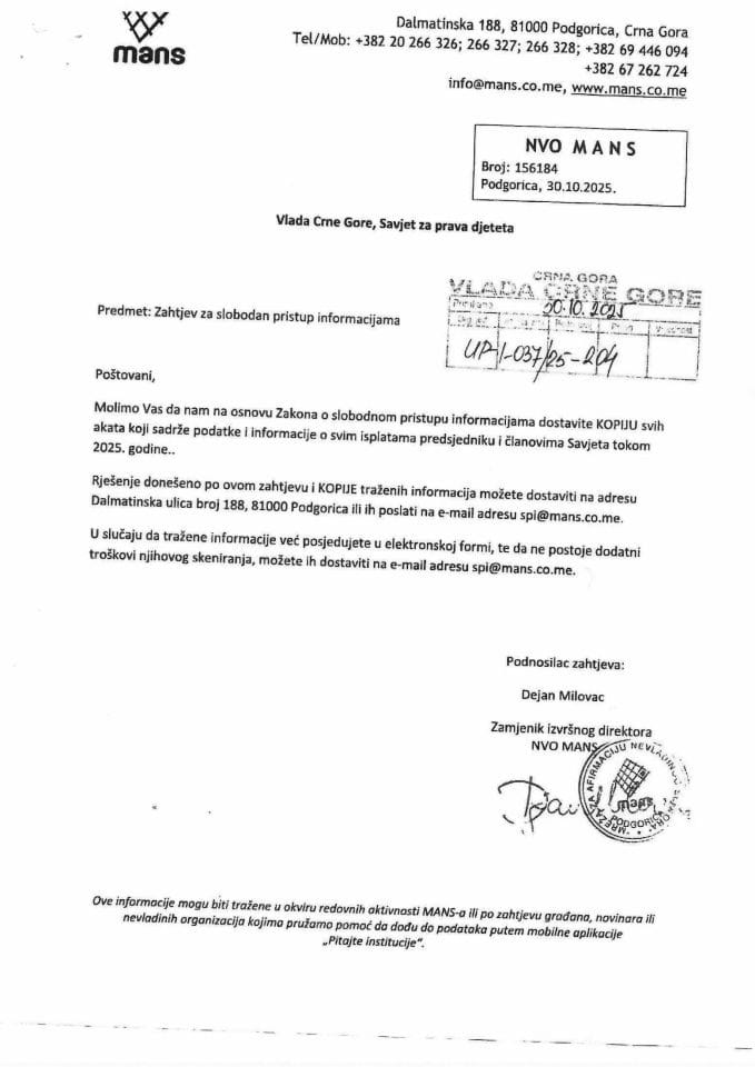 Zahtjev za SPI NVO MANS - UPI 011-037/26-6/1, Rješenje UPI 01-037/26-6/2, Odgovor UPI 01-037/26-6/3