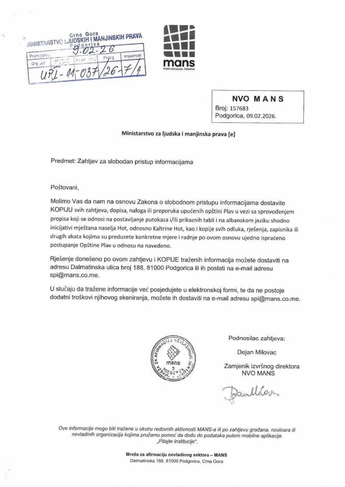 Zahtjev za SPI NVO MANS - UPI 011-037/26-7/1, Rješenje UPI 01-037/26-7/2, Odgovor UPI 01-037/26-7/3