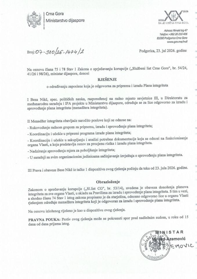 Plan integriteta 2026 MDI