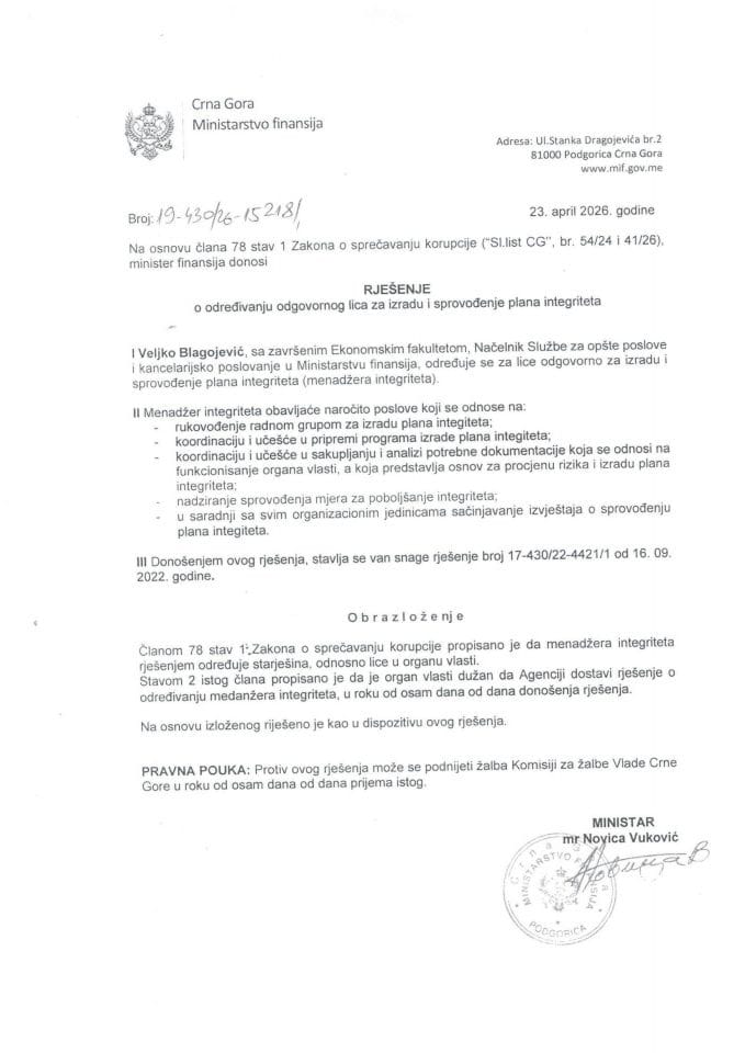 Plan integriteta Ministarstva finansija