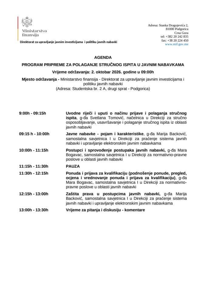 Agenda 2. oktobar 2026. godine