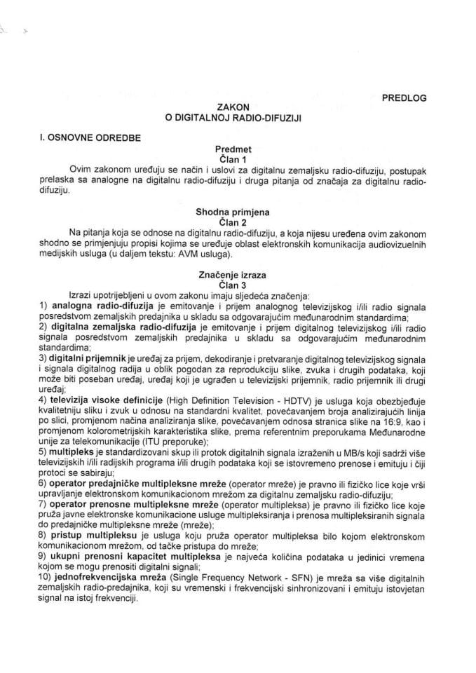 Predlog zakona o digitalnoj radio-difuziji s Izvještajem sa javne rasprave