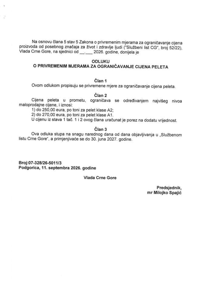 Predlog odluke o privremenim mjerama za ograničavanje cijena peleta