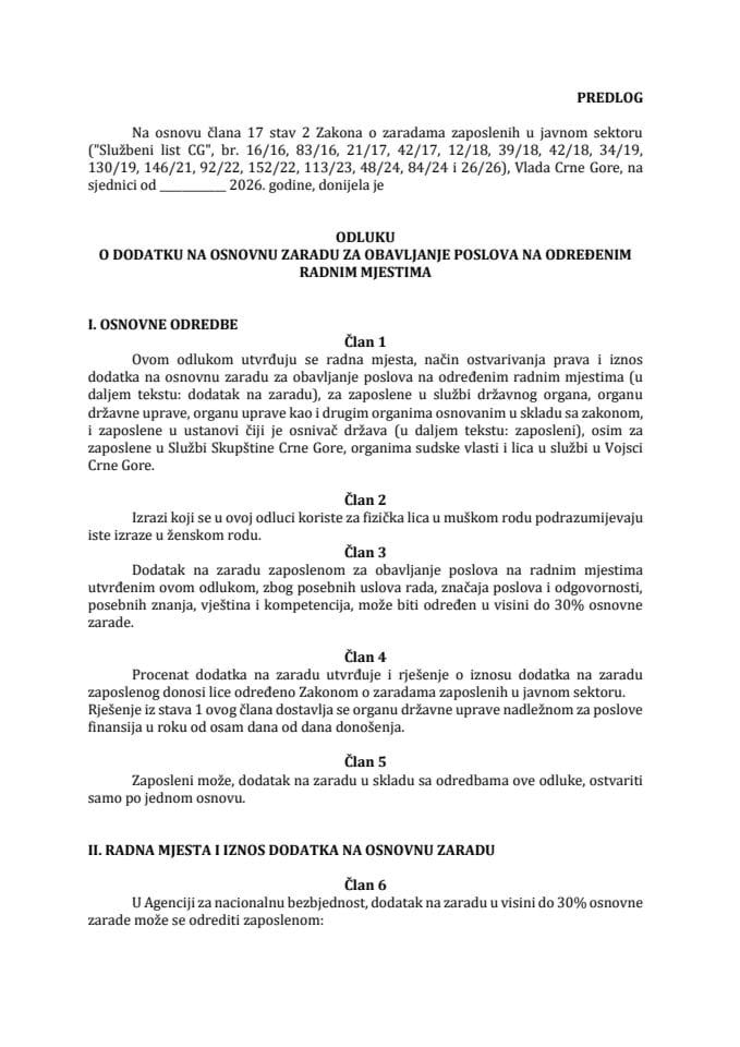 Predlog odluke o dodatku na osnovnu zaradu za obavljanje poslova na određenim radnim mjestima
