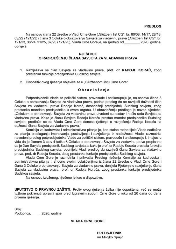 Predlog za razrješenje člana Savjeta za vladavinu prava