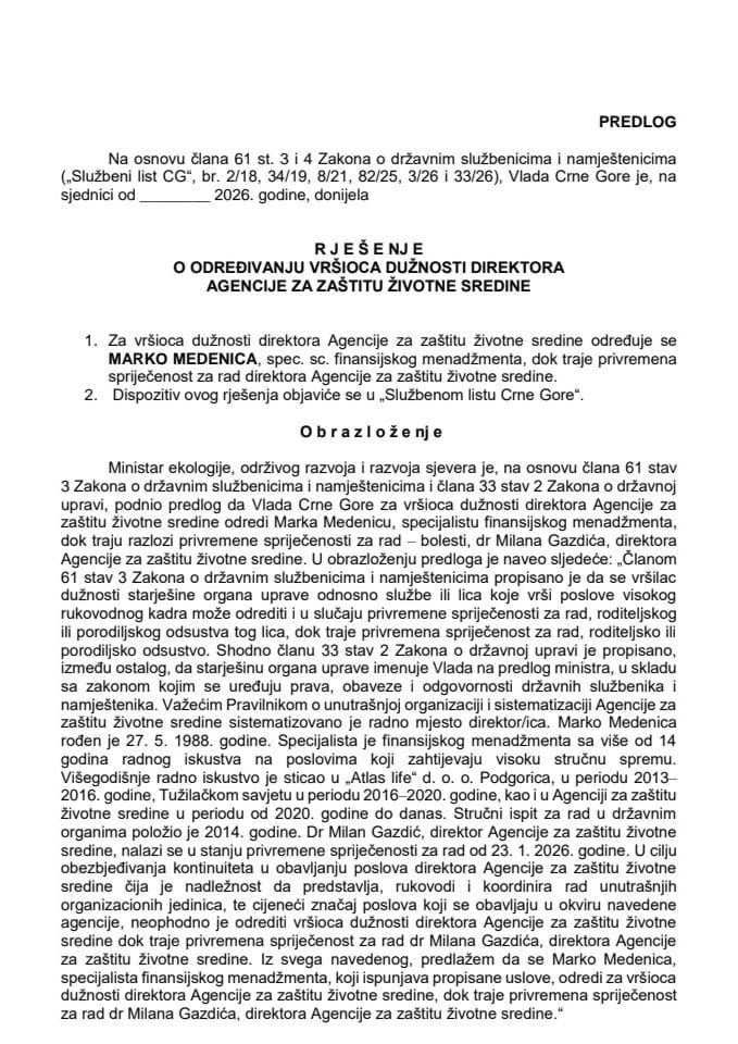 Predlog za određivanje vršioca dužnosti direktora Agencije za zaštitu životne sredine