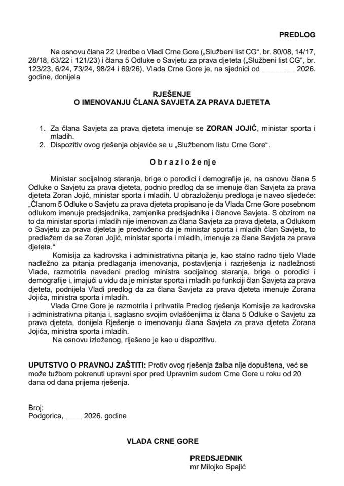 Predlog za imenovanje člana Savjeta za prava djeteta