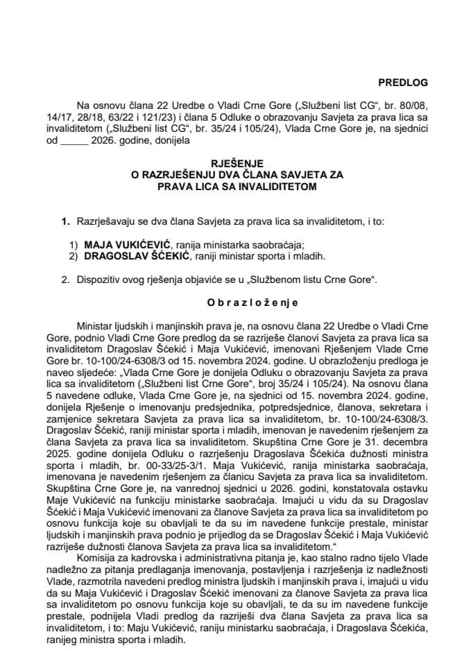 Predlog za razrješenje dva člana Savjeta za prava lica sa invaliditetom