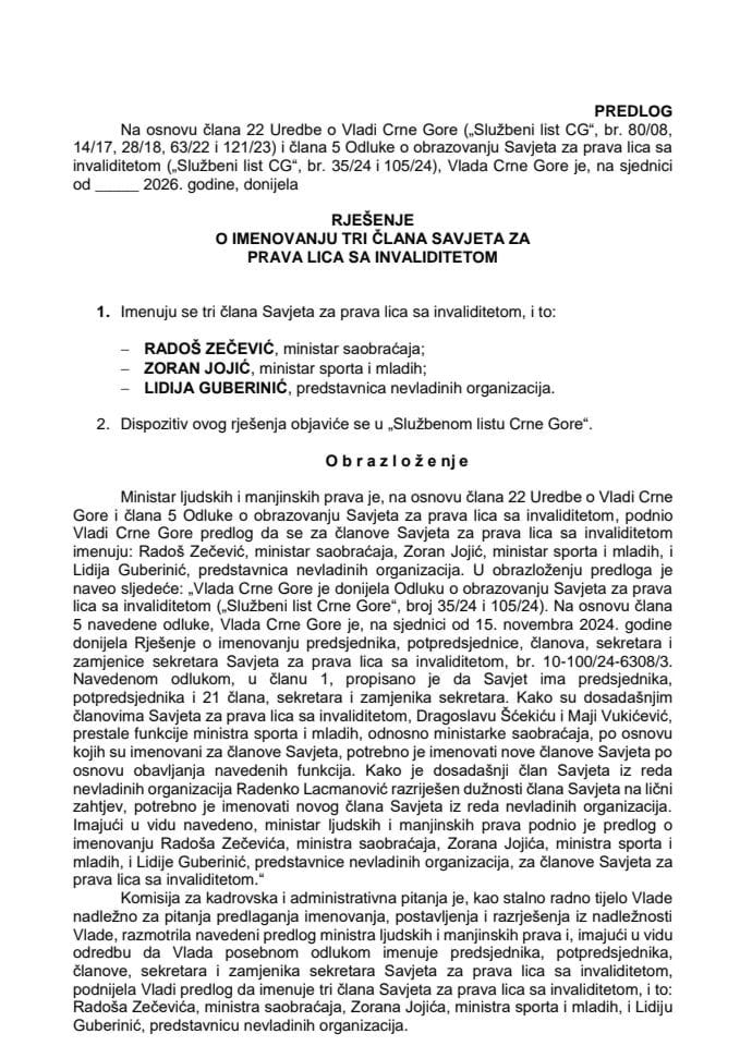 Predlog za imenovanje tri člana Savjeta za prava lica sa invaliditetom