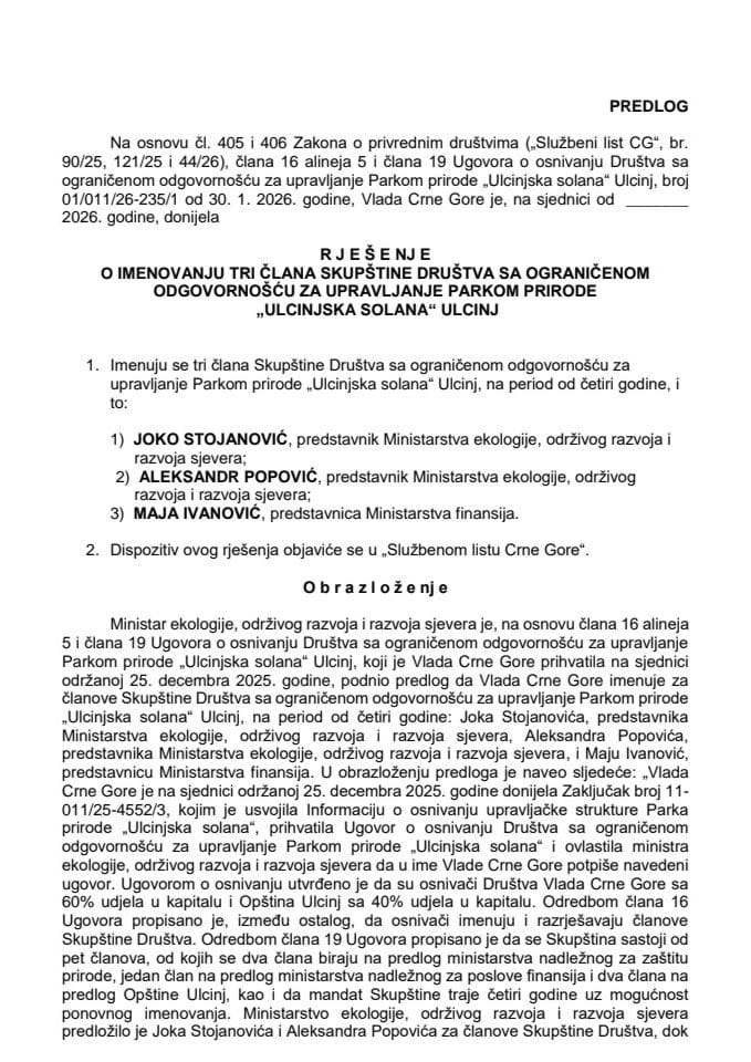 Predlog za imenovanje tri člana Skupštine Društva sa ograničenom odgovornošću za upravljanje Parkom prirode “Ulcinjska solana” Ulcinj