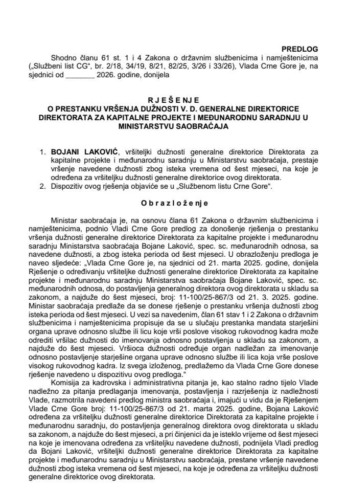 Predlog za prestanak vršenja dužnosti v. d. generalne direktorice Direktorata za kapitalne projekte i međunarodnu saradnju u Ministarstvu saobraćaja