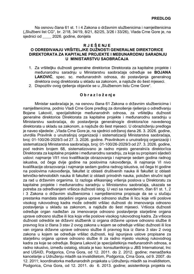 Predlog za određivanje vršiteljke dužnosti generalne direktorice Direktorata za kapitalne projekte i međunarodnu saradnju u Ministarstvu saobraćaja